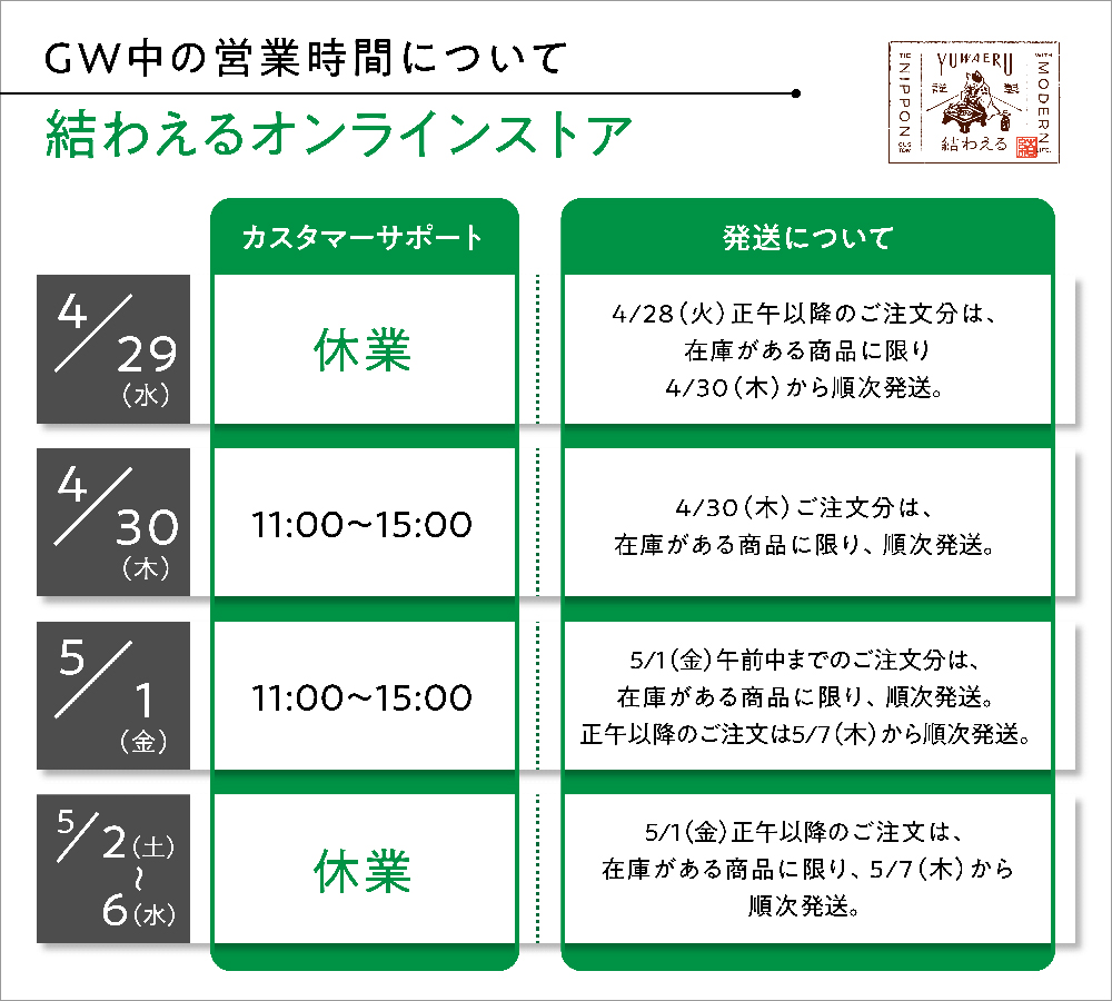 GW期間中の販売、発送について